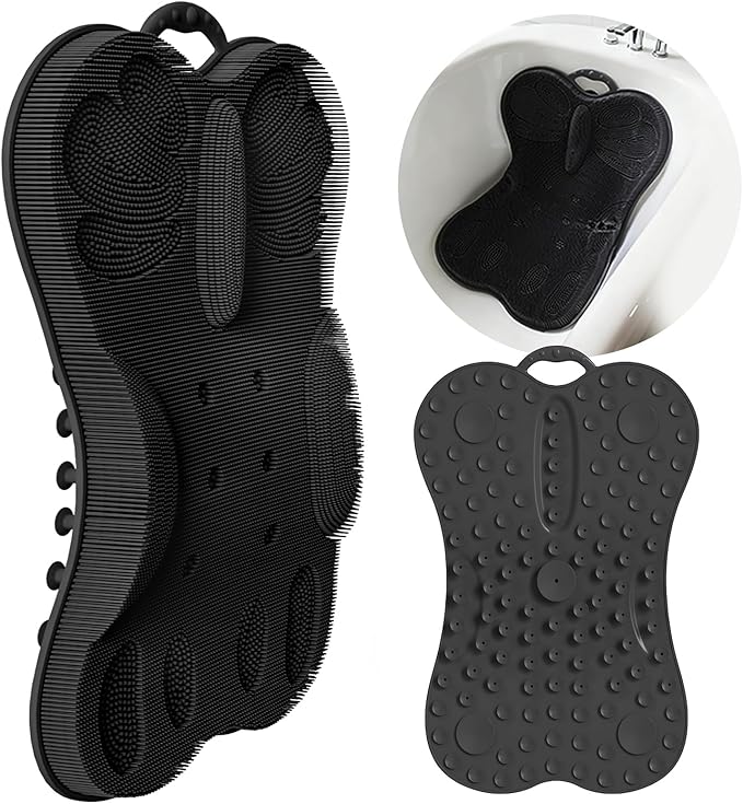 Back Scrubber Shower Bathtub Tub Body Bath Cushion Back Lumbar Support - Silicone Ergonomic Extra Large Thick Soft Seat Paded Non-Slip Suction Cups Relaxing Spa Exfloating Scrubber Mat Black