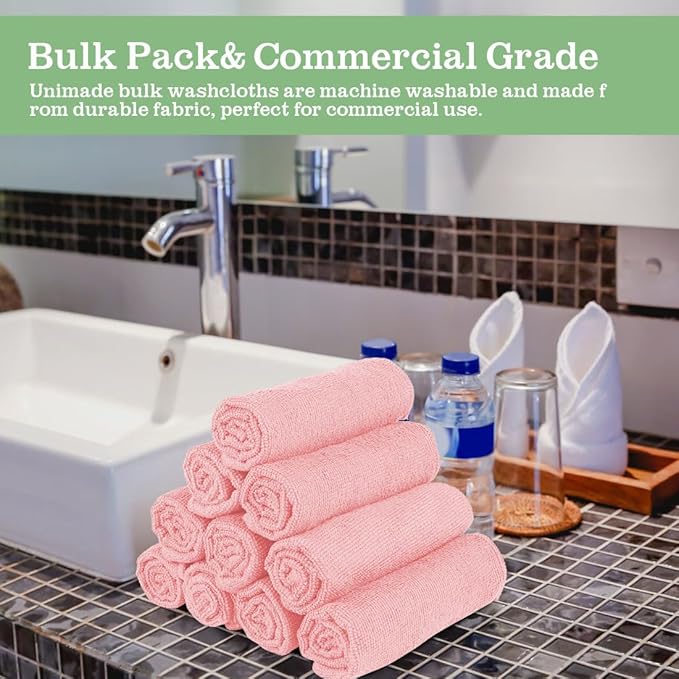 UNIMADE Washcloths Bulk - 100 Pack - Face Towels (12" x 12"), Highly Soft Wash Cloths and Hand Towels, Fast Drying Multi-Purpose Microfiber Cleansing Cloths for Bathroom, Hotel, Spa, and Salon - Pink