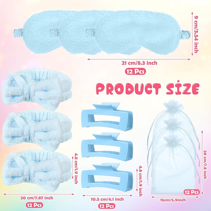 48 Pcs Spa Party Supplies Sleepover Essentials Gift for Mother's Day Spa Headband Plush Eye Mask Claw Clips Organza Bag for Women Adult Slumber Party Supplies (Blue)