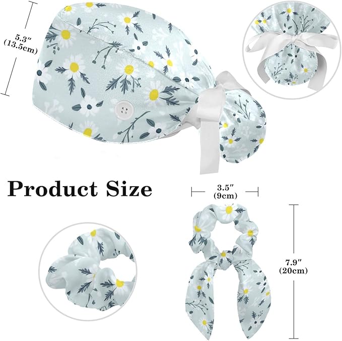 Scrub Caps Women Nursing Hats Floral Flowers with Buttons Ponytail Working Adjustable Pouch Tie Back