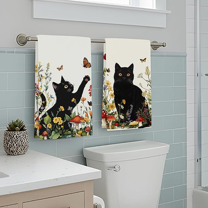 Accnicc 2 Pack Black Cat Bathroom Hand Towels Decorative Spring Floral Dish Kitchen Towel 16x27 Inch Botanical Butterfly Mushroom Wildflowers Absorbent Soft Microfiber Bath Towels Hotel Spa Decor