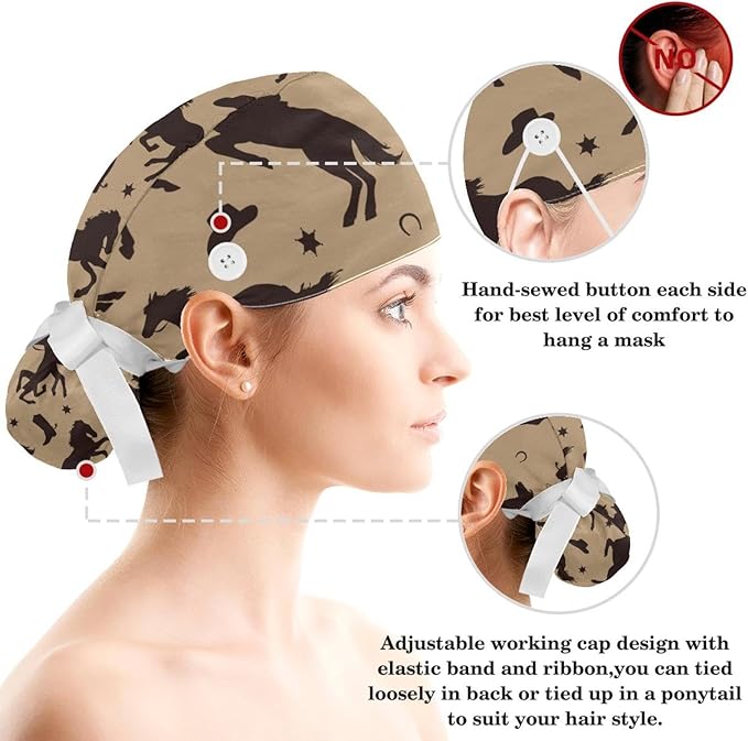 Ethnic Aztec Pattern Adjustable Scrub Cap Hat with Button, Working Hat Sweatband with Bow Hair Scrunchy for Woman