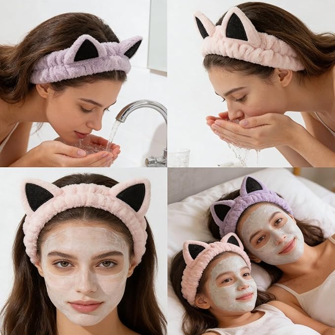 2 PCS Cute Cat Ear Spa Headband For Washing Face, Skincare Makeup Headbands For Women, Soft Coral Fleece Hair Accessories (Pink+Purple)