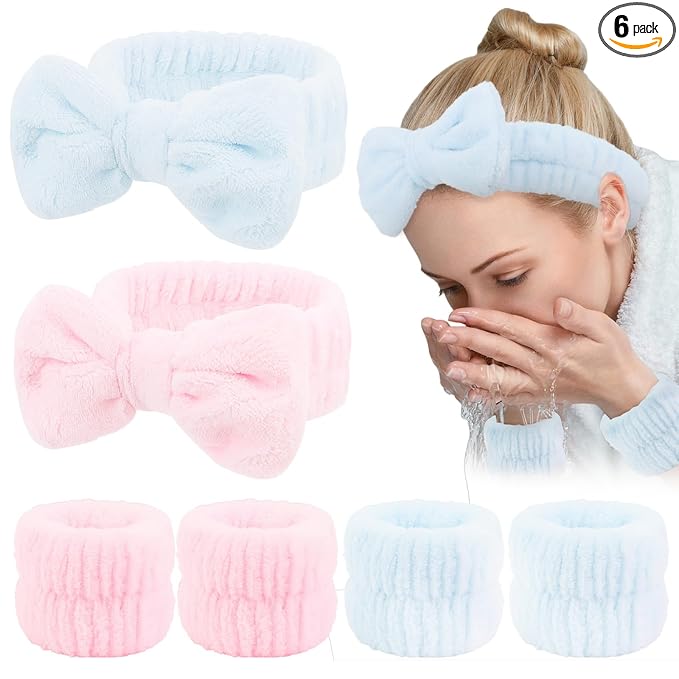 WHAVEL 6PCS Spa Headband and Wristbands Set, Face Wash Headband Wrist Bands for Washing Face Skincare Makeup Hair Band Skin Care Accessories Tools，Blue&Pink