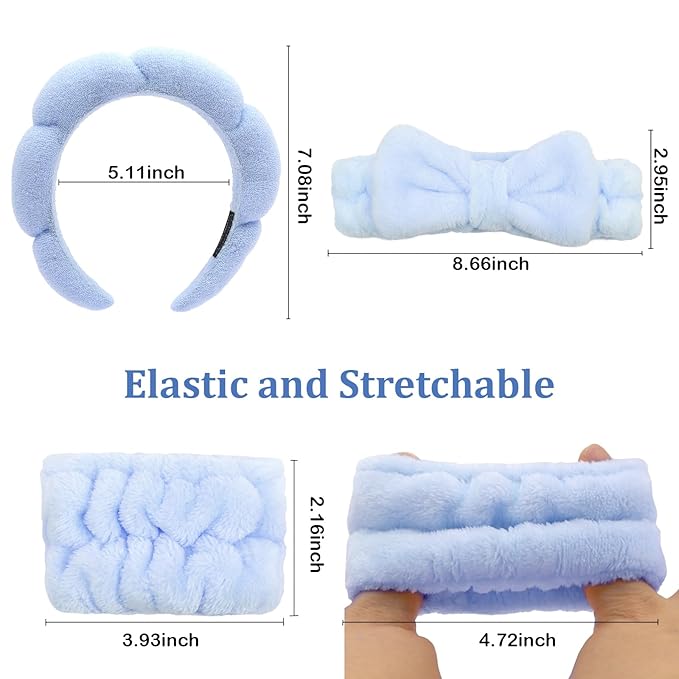 Blue Spa Headband and Wristband Set with Bow for Washing Face, Skincare, Makeup - Sponge Cloud Headband for Women Girls