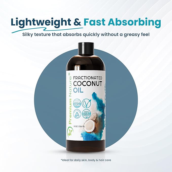 Fractionated Coconut Oil 8 oz - 100% Pure, Lightweight, Odorless and Colorless Liquid Coconut Oil for Skin, Hair, Massage, DIY Beauty and Essential Ois Mixing