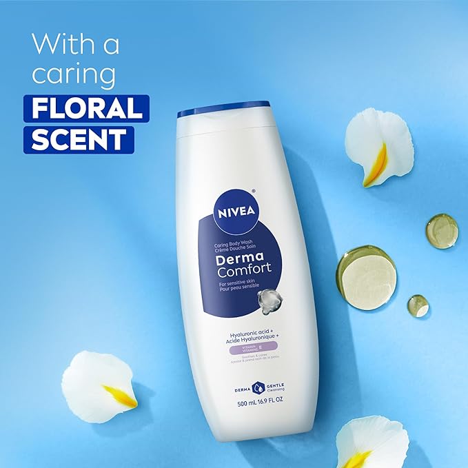 NIVEA Derma Comfort Caring Body Wash for Sensitive Skin, Body Wash with Hyaluronic Acid, Mothers Day Gifts, 16.9 Fl Oz Bottle, Pack of 3