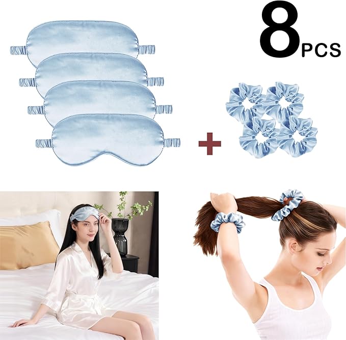 Satin Eye Mask 8Pcs Silk Sleep Masks Silky Blindfold Eyeshade Blackout Eyes Cover Scrunchies Hair Ties Travel Wedding Gifts