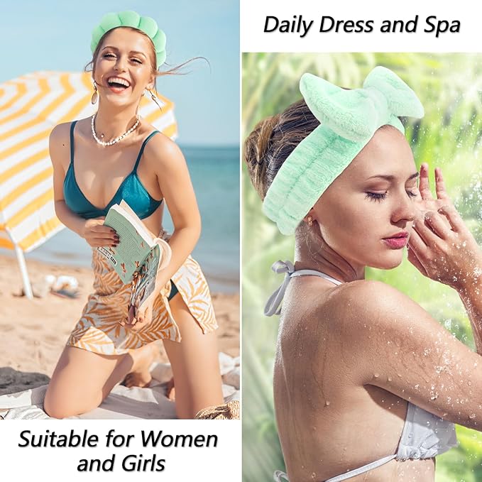 VELSCRUN Spa Headband, Makeup Face Wash Skincare Headbands, 6 Pcs Bright Green Sponge Bow Tie Get Ready HairBand Facial Wristband Set, Stuff for Teen Girls Women Trendy Fashion Hair Accessories