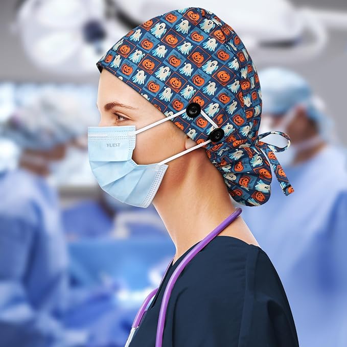 Satin Lined Scrub Caps with Buttons & Sweathand, Surgical Caps for Women
