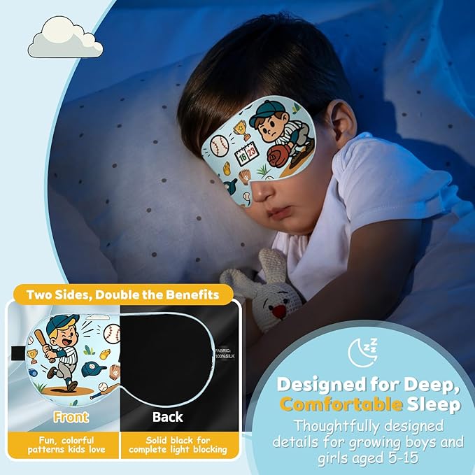 Kids Silk Sleep Mask – 100% Mulberry Silk Eye Cover, Kid Eye Mask with Adjustable Strap, Soft & Breathable Blackout Sleeping Mask for Boys and Girls Ages 5-15 (Baseball Style)