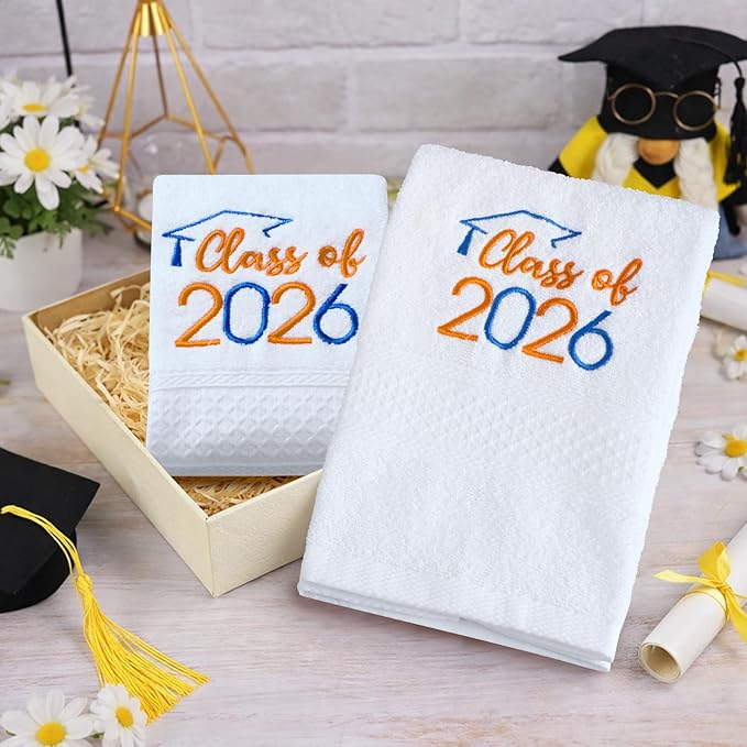 MASHAN Class of 2026 Graduation Hand Towels 3 Pack,100% Cotton Soft Absorbent Bathroom Towels,Senior 2026 Graduation Gift for Girls Boys,Blue Orange Decorative Towels 14x30 Inch