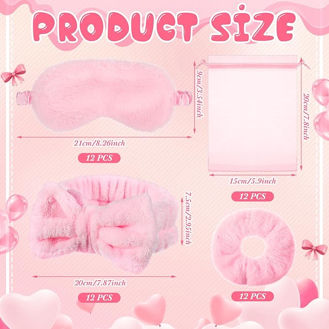 Mimorou 48 Pieces Spa Party Supplies Gift for Mother's Day 12 Spa Headband 12 Plush Sleep Eye Mask 12 Velvet Scrunchies 12 Organza Bags for Sleepover Slumber Party Graduation Gift(Pink)