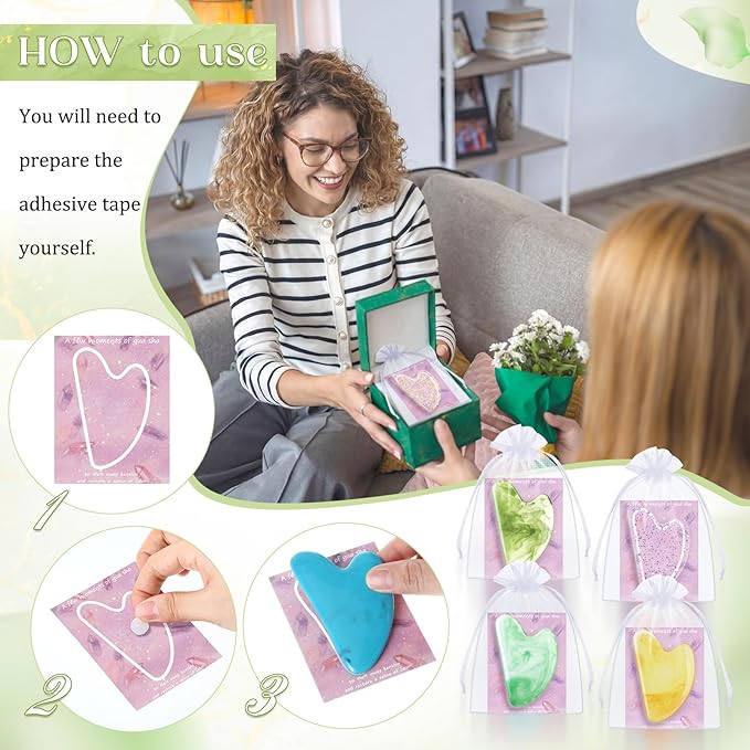 Sherr 24 Sets Gua Sha Facial Tools Bulk Resin Heart Shaped Guasha Boards with Organza Pouch and Cards for Face Body Massage Relaxation Self Care Ideal Spa Acupuncture Prevent Wrinkles(Light Colors)