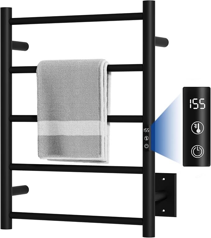 Heated Towel Racks, Towel Warmer Rack for Bathroom, Wall Mounted Electric Towel with Built-in 24hr Timer, Towel Rack Plug-in/Hardwired, Matte Black