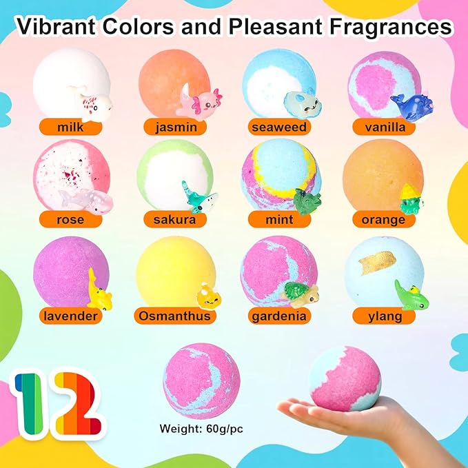 Natural Bath Bombs for Kids with Mega Bubbles & Surprise Inside, 12 Pack Kids Bath Bombs Gift Set with Surprise Ocean Toys Inside, Skin-Friendly Bathing Kit for Boys & Girls