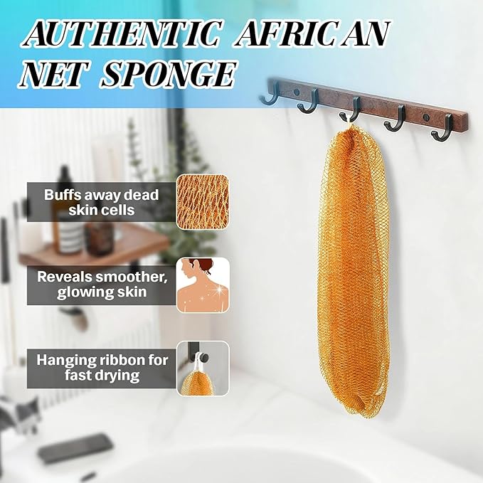 African Net Sponge Authentic Exfoliating Body Scrubber for Shower & Bath, Deep Cleansing Lather for Dead Skin Removal, Back Scrubber Gift for Women & Men（Orange）