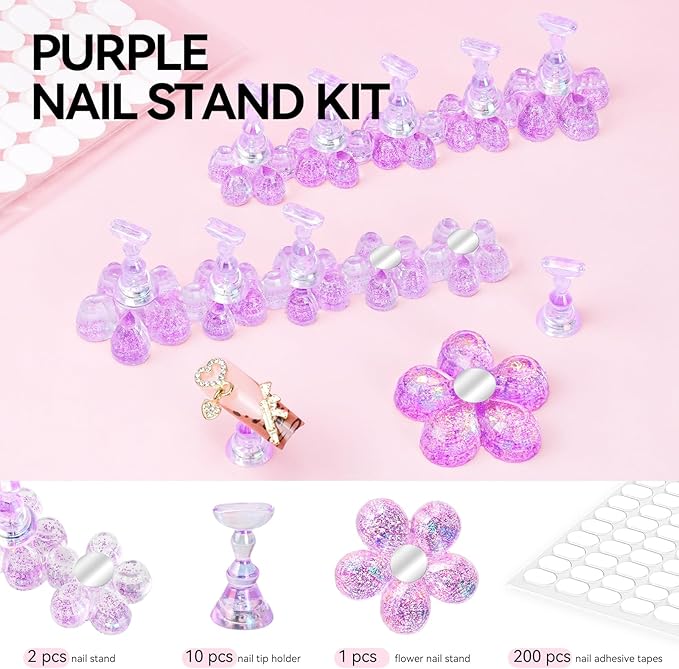 Nail Stand for Press On Fake Nails Painting Display Practice, Powerful Magnetic Nail Holder for Design, Flower Nail Stand with 200 PCS Double-Sided Tapes, Nail Tools for Home Salon