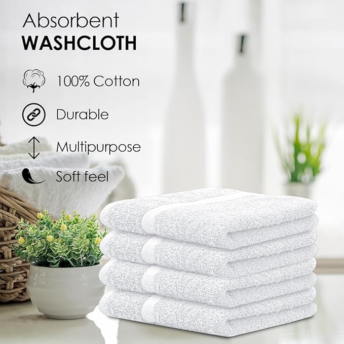 Avalon Towels Cotton Washcloths 24-Pack – 12 x 12 Inch White Super Soft & Absorbent Ring-Spun Cotton Wash Cloths for Face, Bath, Spa, Gym, Hotel & Cleaning