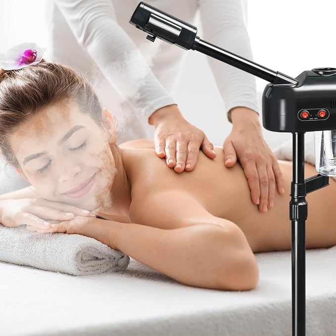 2-in-1 Professional Facial Steamer with 3X Magnifying Lamp, Ozone Face Steamer with Adjustable Height, Rolling Stand, 750W, Black