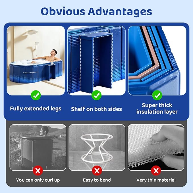 Portable Foldable Bathtub, Freestanding Bathtub No Installation, Bathroom SPA Soaking Bath Tub, Shower Stall Collapsible Hot & Ice Bath Tub (Blue with Storage Rack, 59"L x 21.6"W x 19.6"H)