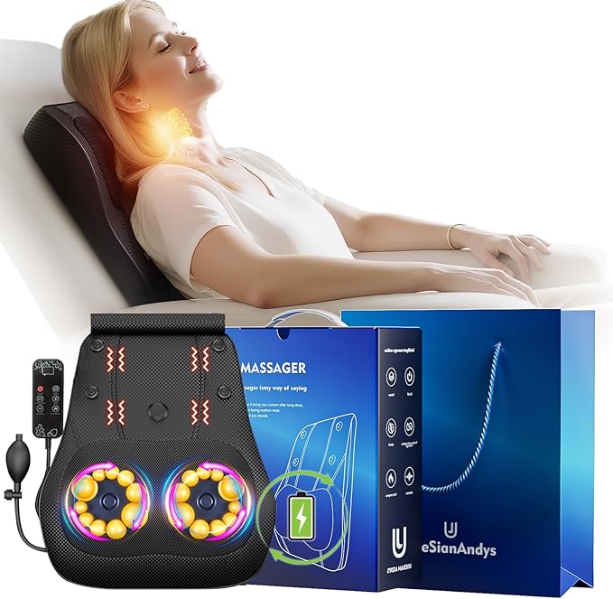 Back Massager with Heat, 4D Kneading Electric Massager for Neck Back Shoulder Leg Pain Relief, Cordless Portable Rechargeable for Home Office Car Use on Couch Bed, Valentine‘s Day Gift for Men Women