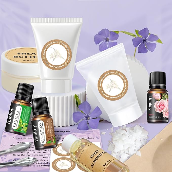 JCOOS Hand Cream Making Kit, Lotion Kit, DIY Handcream For Very Dry Hands, Almond Oil, Vitamin E, Tube, Essential Oils, Natural Whipped Shea Butter Body Butter Making Kit Gifts for Women