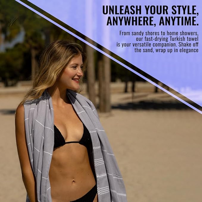 Beach Towel 100% Cotton Turkish Beach Towel Adult 38x70 Inch Pre-washed Absorbent Extra Large|Sand Free Quick Dry BathTowels|Lightweight Blanket|Travel Cruise Camping Spa Gym Yoga Towel|Black
