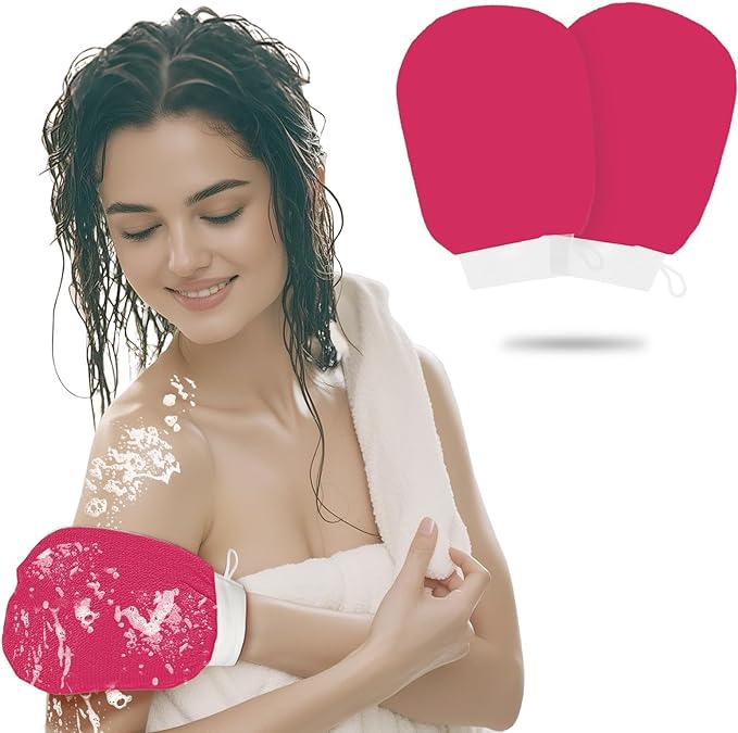 1 Pair Exfoliating Glove, Scrubbies for Body, Body Exfoliator, Exfoliating Washcloth（Rose Red+Rose Red）