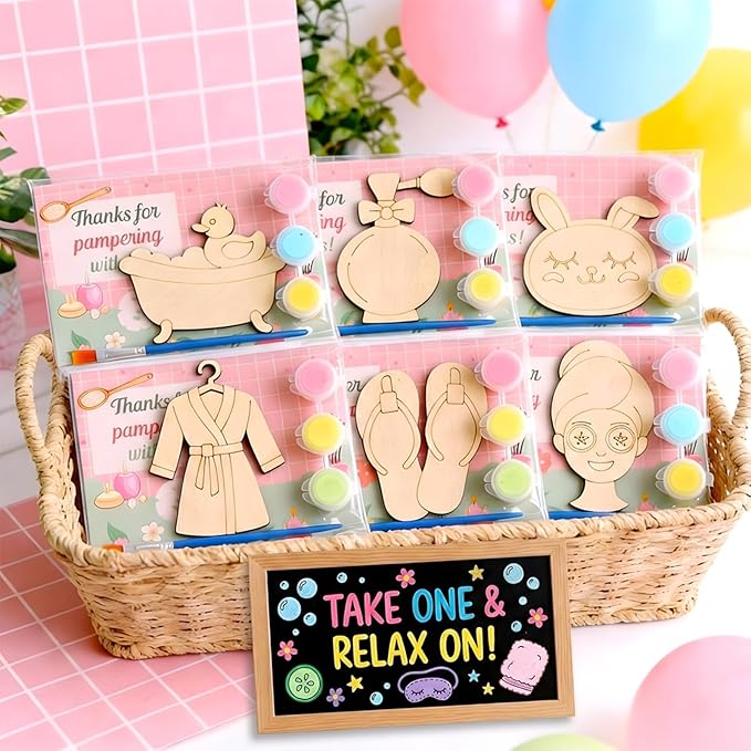 12 Pack Spa Party Favors for Kids - Individually Wrapped Paint Your Own Wooden Magnet Craft Kits with Thank You Card, Spa Birthday Decorations for Girls