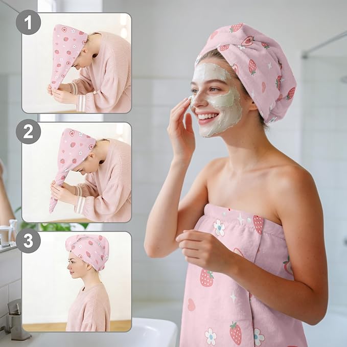 Absorbent Bath Towel Wrap Set for Women, Pink Strawberry Print Towel Wrap After Shower, Microfiber Shower Robe Body Towel Wraps for Women, Quick Dry Hair Towels Wraps for Spa Hotel Beach Girl