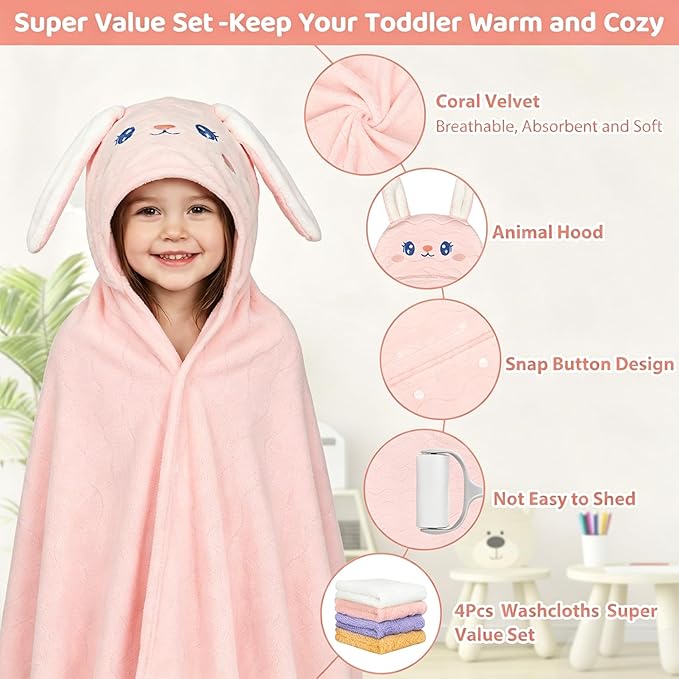 6 PCS Toddler Bath Towel Set for Boy Girl 0-5 Year, 2 PCS Thick Absorbent Hooded Baby Bath Towels Large 55" x 27.5" & 4 PCS Washcloths, Ultra Soft Gifts for Infant, Toddler, Kids, Rabbit & Elephant