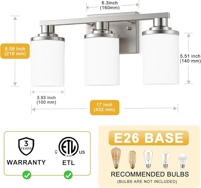 L LOHAS LED Brushed Nickel Bathroom Light Fixtures, 3-Light Vanity Light Over Mirror, Wall Sconces with Milky White Frosted Glass Shades for Bedroom, ETL Listed
