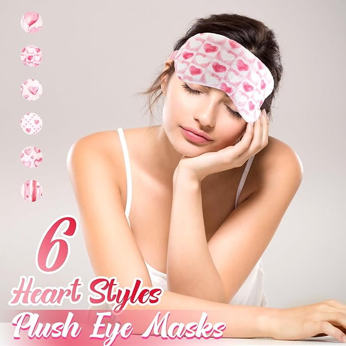Cuffbow 6 Pack Plush Sleep Mask Set, Cute Plush Eye Masks for Sleeping, Soft Comfortable Travel Nap Blindfold, Sleepover Party Favors for Women(Heart,Pink)