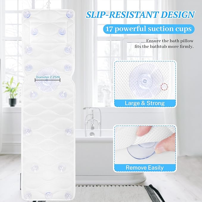 TranquilRelax Bath Pillow for Tub with Laundry Bag & 17 Non-Slip Suction Cups, Extra Thick and Soft Bathtub Pillow for Head, Neck & Shoulder Support, 56" x 16" White