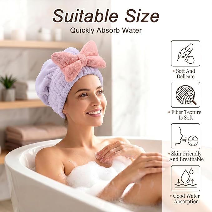 2Pcs Skin-Friendly Hair Drying Cap Quick-Drying Hair Towel Cap Microfiber Hair-Towel Bonnet (Pink+Purple)