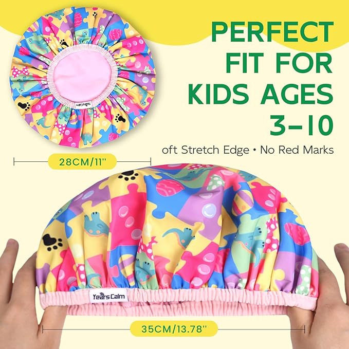 Years calm Kids Shower Cap, Waterproof Reusable Cartoon Bath Cap with Double Layers & Soft Elastic Band, Washable shower cap for kids, Great for Daily Bath(multi-colored, One Size)