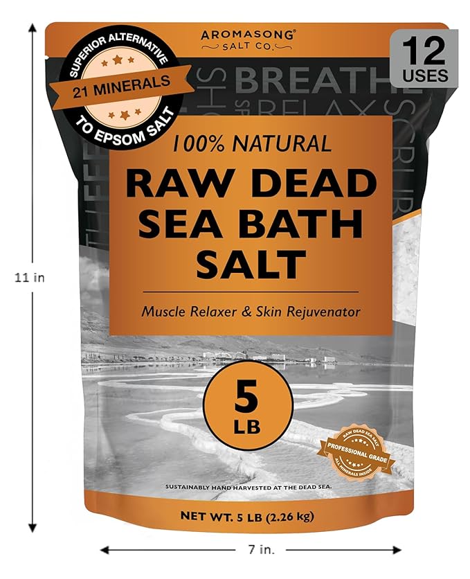 Aromasong Raw Dead Sea Bath Salt - Minimally Cleaned, Contains More Dead Sea Minerals Including Dead Sea Mud - 100% Pure & Natural Dead Sea Salts for Soaking 5 LB - Bulk Resealable Pack