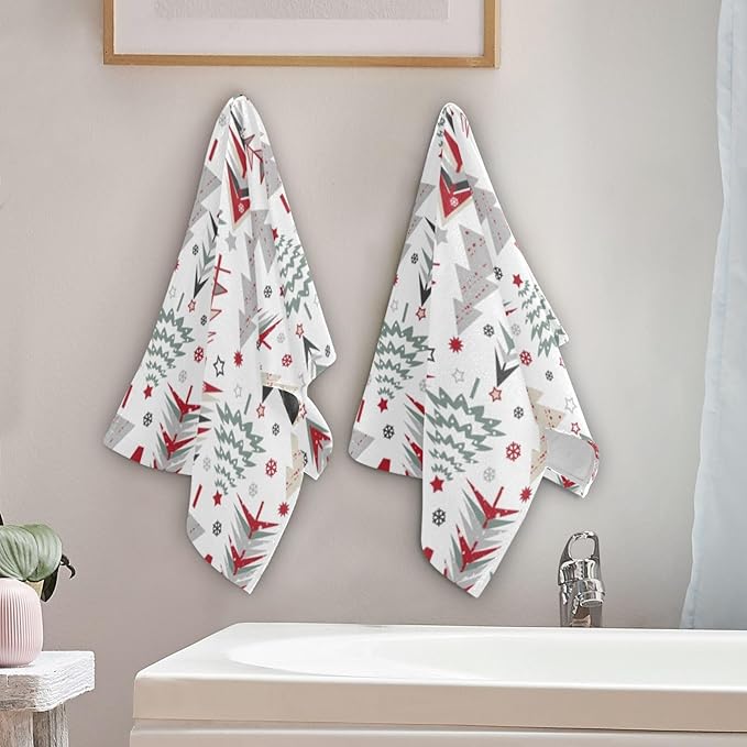 Red Green Grey Christmas Xmas Tree Hand Towels for Bathroom Set of 2,Winter Snowflake Stars Decorative Bathroom Towels for Bath,Face,Hair,Soft Absorbent Dish Towels for Kitchen Decor 28"x14"