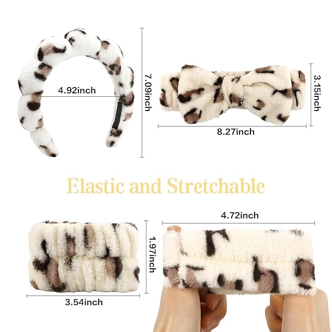 Beige Leopard Spa Headband and Wristband Set, 6 PCS Microfiber Skincare Hair Band with Bow & Cloud Design, Soft Elastic Face Washing Accessories for Makeup