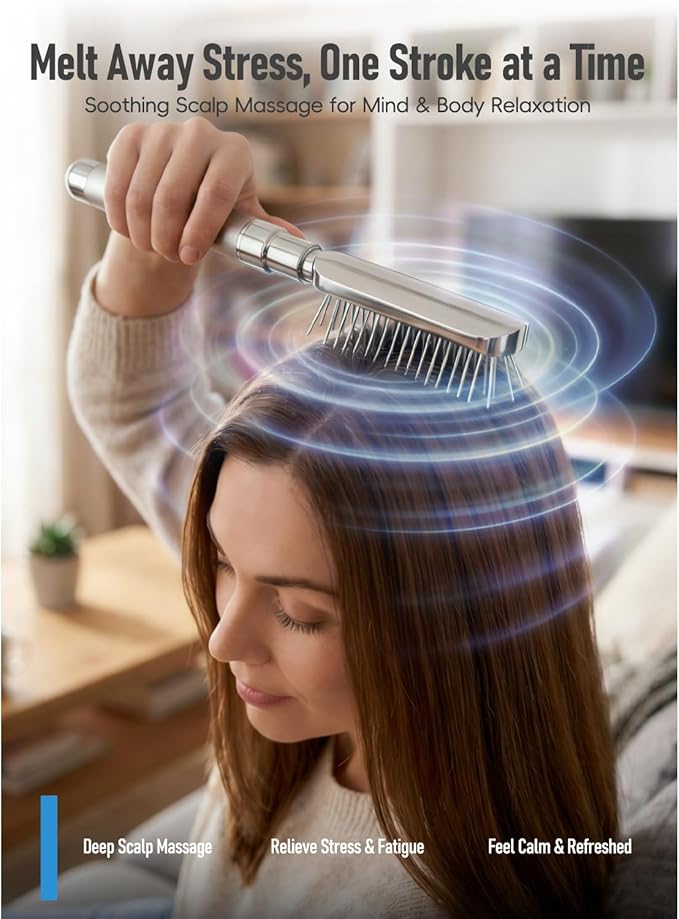 Electric Scalp Massager – Deep Relaxation Vibrating Head Massager, Stress Relief & Scalp Care, Gentle Metal Tips, Cordless Hair Brush for Men & Women