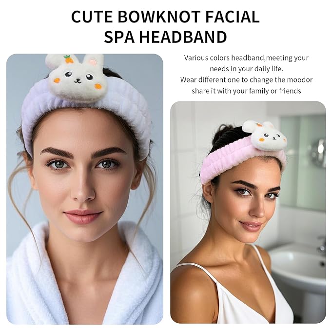 Spa Headband for Washing Face, 2 Pack Cute Hair Band for Shower Yoga Beauty, Fluffy Makeup Headband, Kawaii Facial Headbands for Woman Girls, Blue+Pink Rabbit