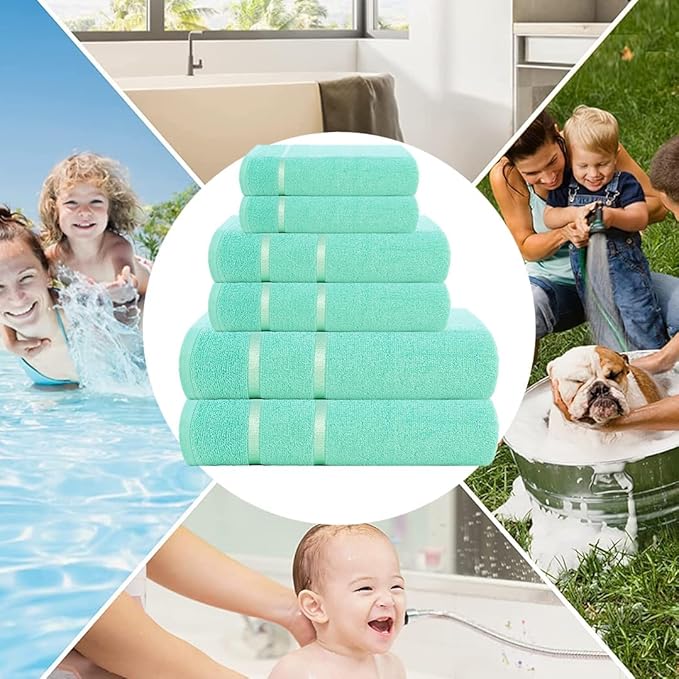 CASA COPENHAGEN Eternal 6Pcs 100% Egyptian Cotton Large Designer Towels Gift Set- Aqua Blue, 500 GSM, 2Bath 2Hand 2Washcloths, Bath Towels for Bathroom Set for Women & Men