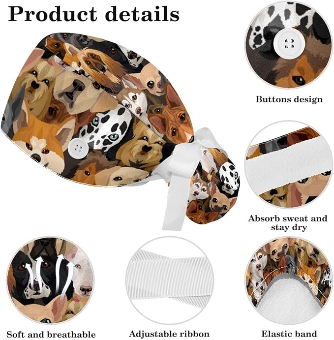 Adjustable Brown Dachshund Dog Blue Surgical Scrub Cap with Button,Sweatband for Women with Bow Hair Scrunchy