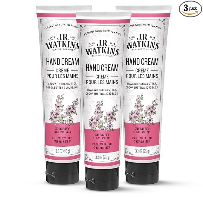 J.R. Watkins Natural Moisturizing Hand Cream, Hydrating Hand Moisturizer with Shea Butter, Cocoa Butter, and Avocado Oil, Cruelty Free, 3.3oz, Cherry Blossom, 3 Pack