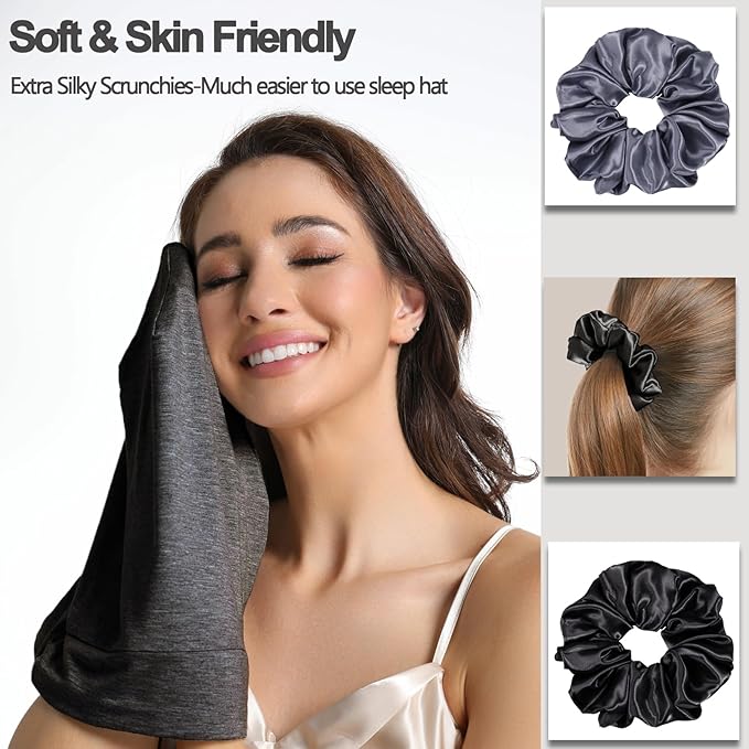 Satin Bonnet for Sleeping Night Cap, Adjustable Satin Lined Silk Bonnets Sleep Cap for Curly Hair Braids Beanie Black Women