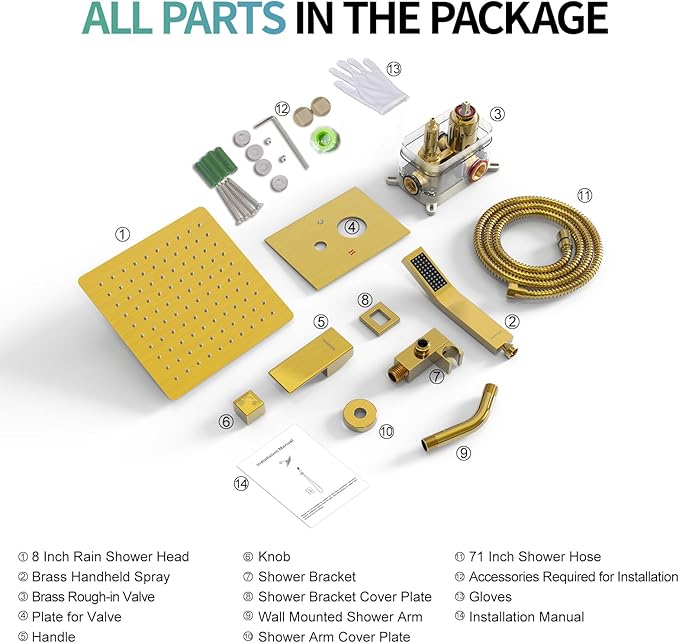 SR SUN RISE Shower System - Shower Faucet Set with 8 Inch Rain Shower Head and Handheld Shower - High Pressure Rain Shower System - All Metal Shower Faucet Trim Repair Kits - Brushed Gold