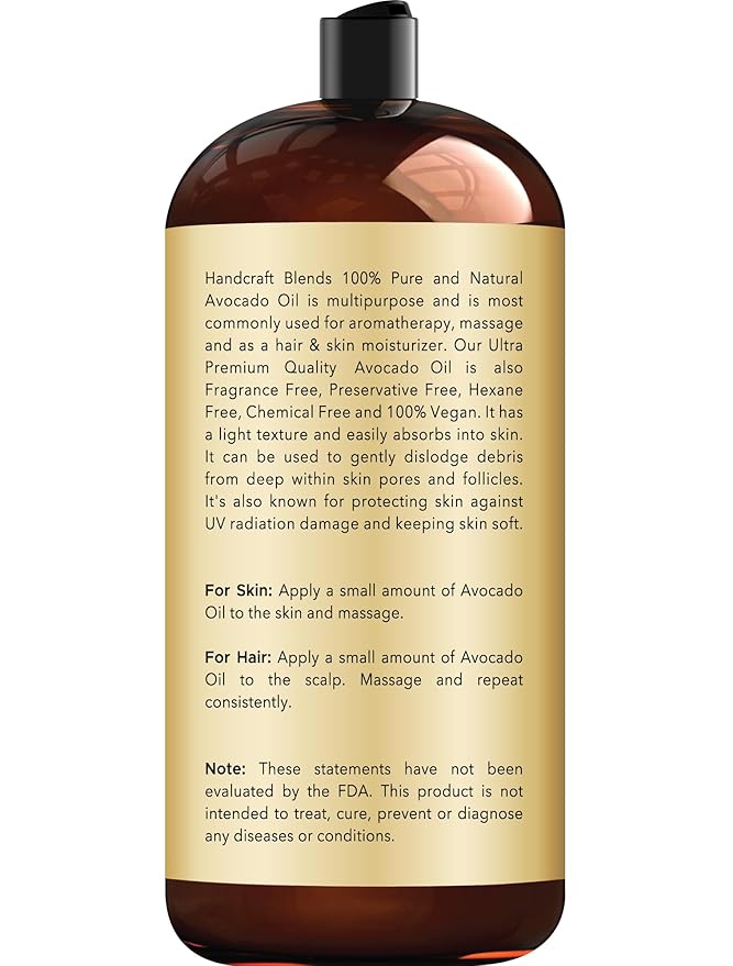 Handcraft Blends Avocado Oil - Cold-Pressed 28 Fl Oz - 100% Pure and Natural - Premium Grade Carrier Oil for Skin and Hair - Hair and Body - Massage - Hexane-Free