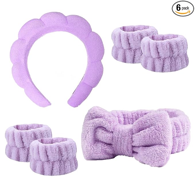 6 Pcs Elastic Microfiber Spa Headband Set for Women - Makeup, Skincare, Face Wash Wristbands, Beauty (Purple)