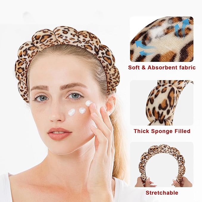 WHAVEL 3 Pack Spa Headband Skincare Headbands, Soft Hair Band for Washing Face, Makeup, Facial, Skin Care (Leopard, Brown, Black)